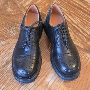 Black Leather Brogue-Style Lace-Up Flats